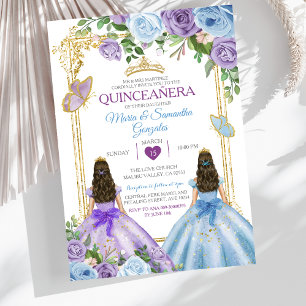 Convites Coroa Floral Dourada Roxa e Azul Quinceañera Gêmea