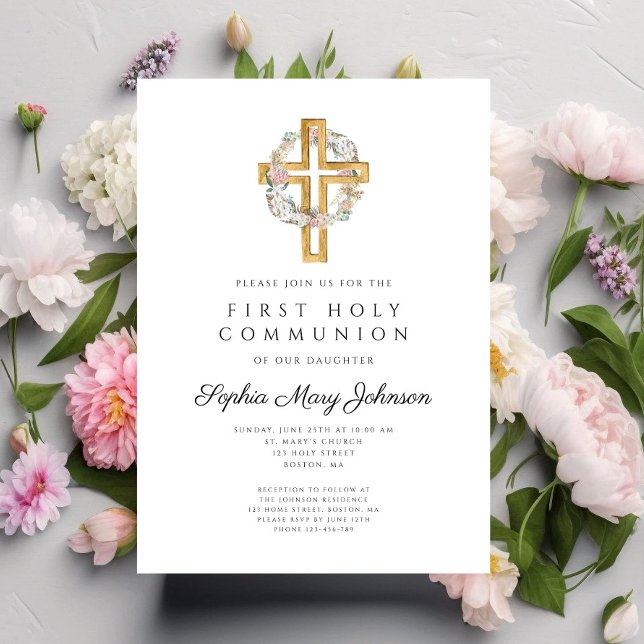 Convites Coroa Floral Elegante Cruz Menina Primeira Comunhã (Elegant Floral Wreath Cross Girl First Communion Invitation)