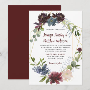 Convites Coroa Floral Geométrica de Casamento em Burgundy N