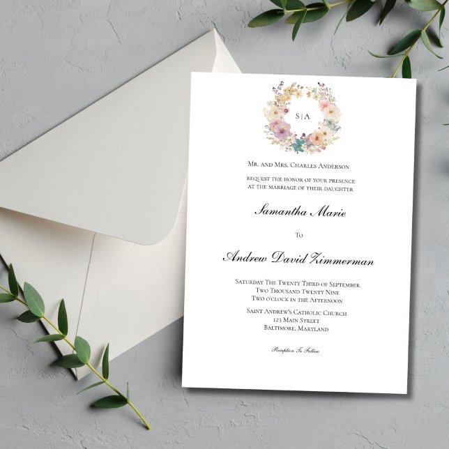 Convites Coroa Floral Monograma Casamento Formal Tradiciona (Pastel Floral Wreath Monogram Wedding Invitation. Traditional Formal elegant minimalist. Printed )