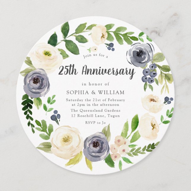 Convites Coroa Floral Nobre Branca de Aniversário de 25 Ano (Frente)