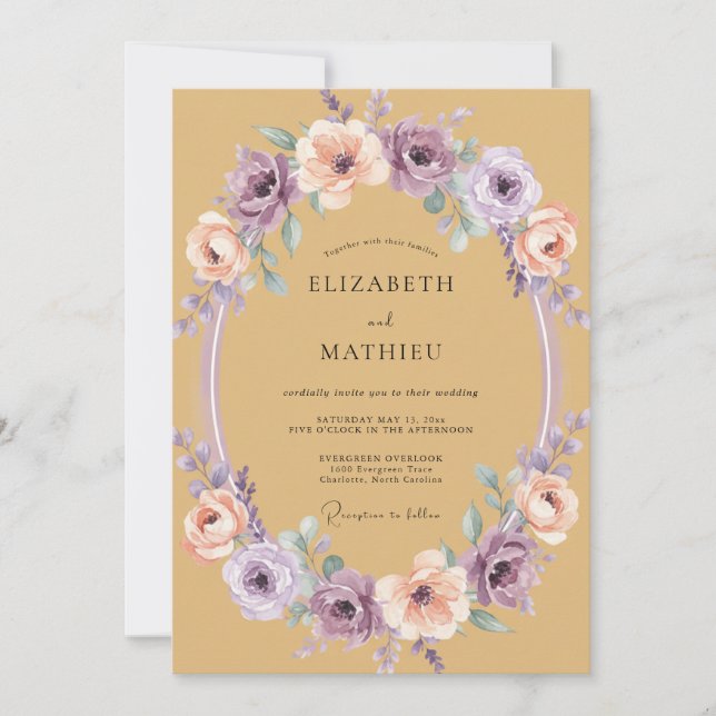Convites Coroa Floral Ocre Romance Casamento (Frente)