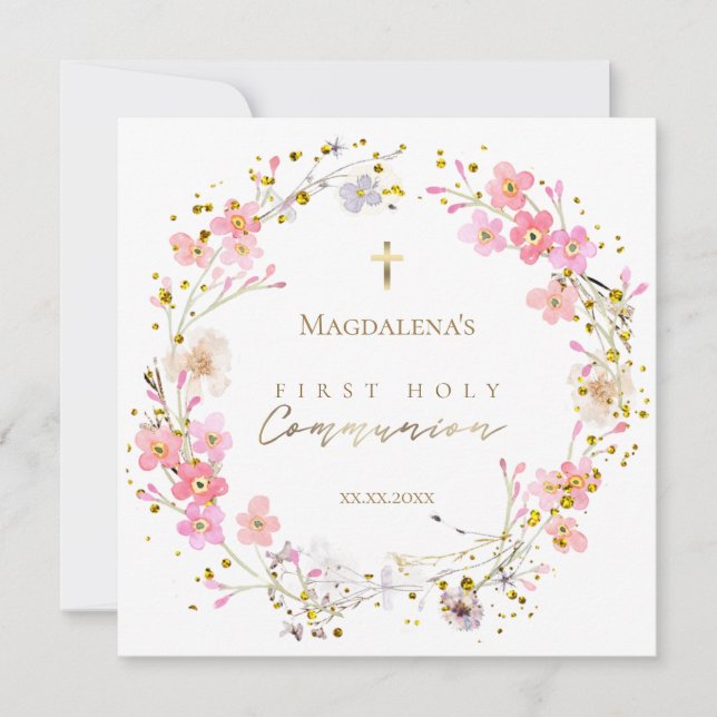 Convites coroa floral Primeira Comunhão Santa (Frente)