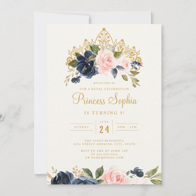 Convites Coroa Floral Princesa Blush Navy Aniversário (Frente)