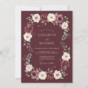 Convites Coroa Floral Romântica Borgonha Casamento