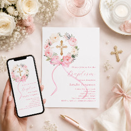 Convites Coroa floral rosa com arco para batizado de menina
