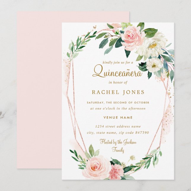 Convites Coroa Floral Rosa Dourado Moderna Quinceanera (Frente/Verso)