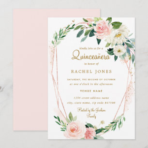 Convites Coroa Floral Rosa Dourado Moderna Quinceanera