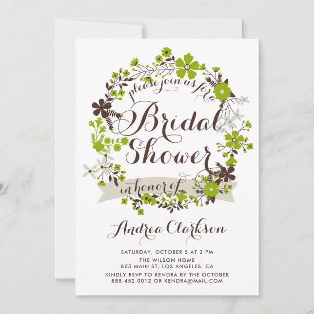 Convites Coroa Floral Rosa e Cinza para Chá de Noiva (Frente)