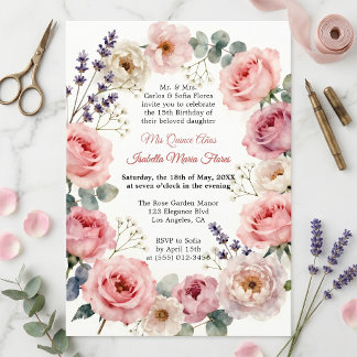 Convites Coroa Floral Rosa em Aquarela Quinceañera