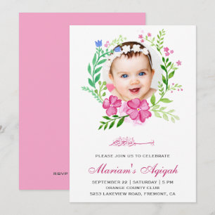 Convites Coroa Floral Rosa Foto Menina Bebê Aqiqah