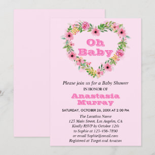 Convites Coroa Floral Rosa Menina Bebe Primavera Chás de Be