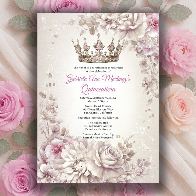 Convites Coroa Floral Rosa Prata Quinceañera (Pink Silver Crown Floral Quinceañera Invitation
)