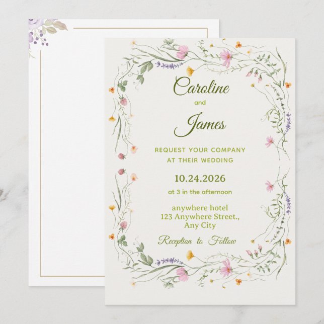 Convites Coroa Floral Rosa Romântica Casamento Clássico (Frente/Verso)