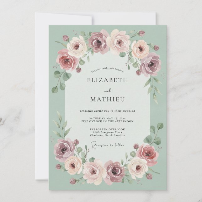Convites Coroa Floral Rosa Sage Casamento (Frente)