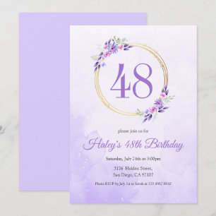 Convites Coroa Floral Roxa Pastel Dourada Aniversário 48 An