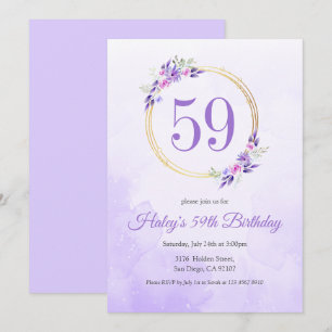 Convites Coroa Floral Roxa Pastel Dourada Aniversário de 59