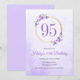 Convites Coroa Floral Roxa Pastel Dourada Aniversário de 95