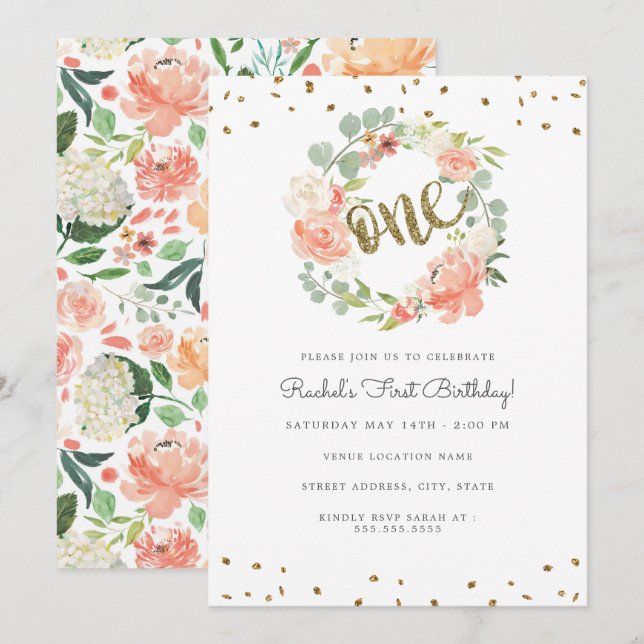 Convites Coroa Floral Um Dourado Pêssego Primeiro Aniversár (Frente/Verso)