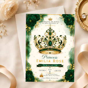 Convites Coroa Floral Verde Esmeralda Elegante Aniversário