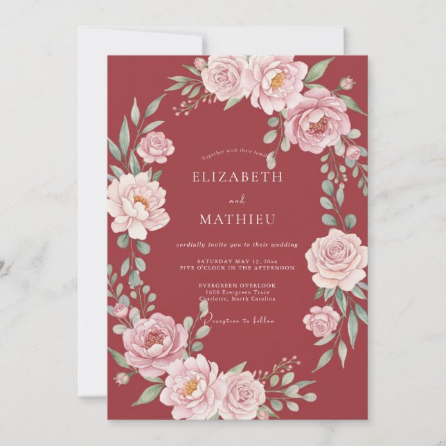 Convites Coroa Floral Vermelha Profunda Casamento (Frente)