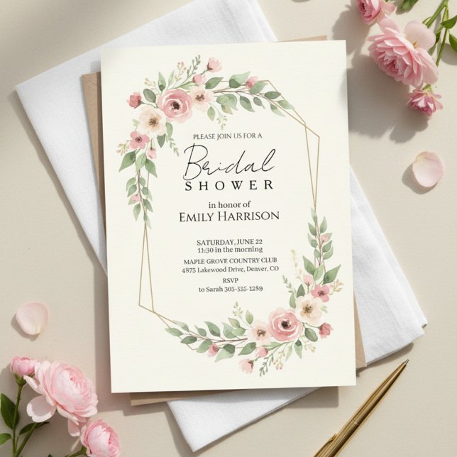 Convites Coroa Geométrica Dourada de Rosa Macia para Chá de (rose geometric gold invitation)