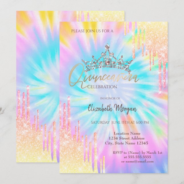 Convites Coroa Glitter Chic Gota de Tinta Quinceañera  (Frente/Verso)