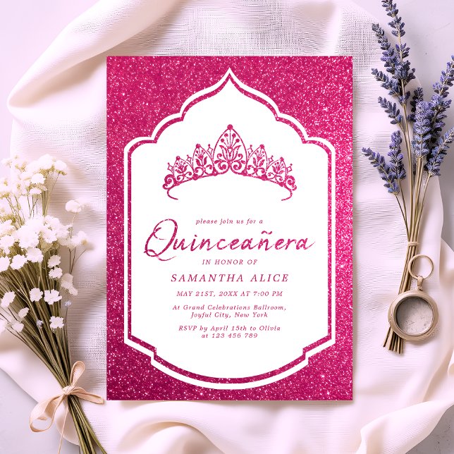 Convites Coroa Glitter Rosa Quince Miss Quinceanera (Criador carregado)