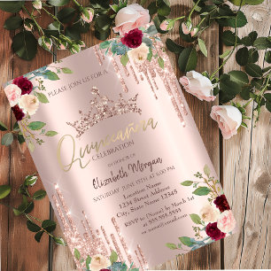 Convites Coroa Gota, Rosas Burgundy Quinceañera Dourado Ros