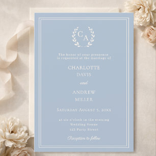 Convites Coroa monograma de casamento simples em azul poeir