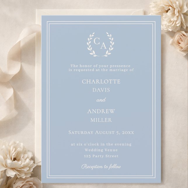 Convites Coroa monograma de casamento simples em azul poeir (Criador carregado)