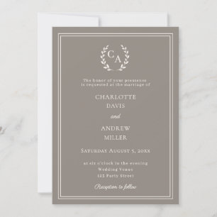 Convites Coroa monograma de casamento simples marrom-acinze