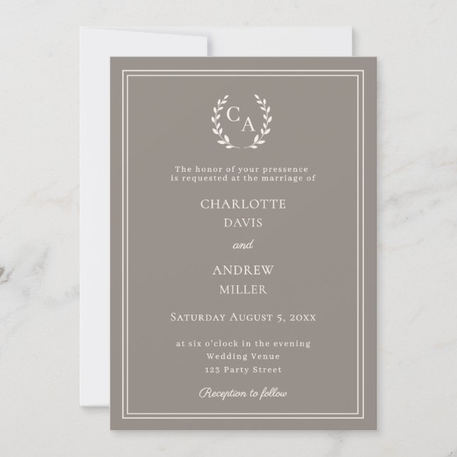 Convites Coroa monograma de casamento simples marrom-acinze (Frente)