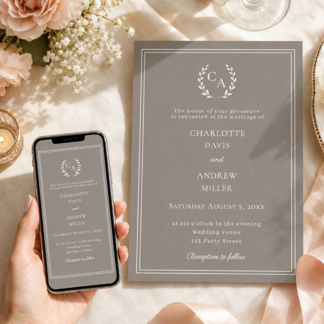 Convites Coroa monograma de casamento simples marrom-acinze (Criador carregado)