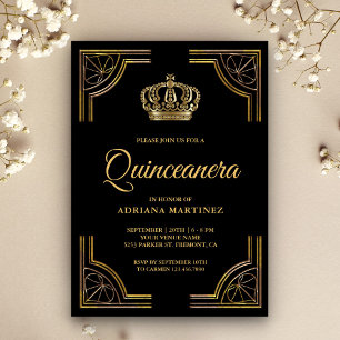 Convites Coroa ornamentado Dourado preta Quinceanera do