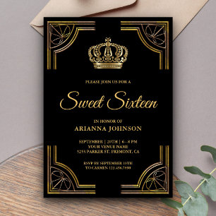 Convites Coroa Ornata Dourada Preta Vintage Sweet Sixteen