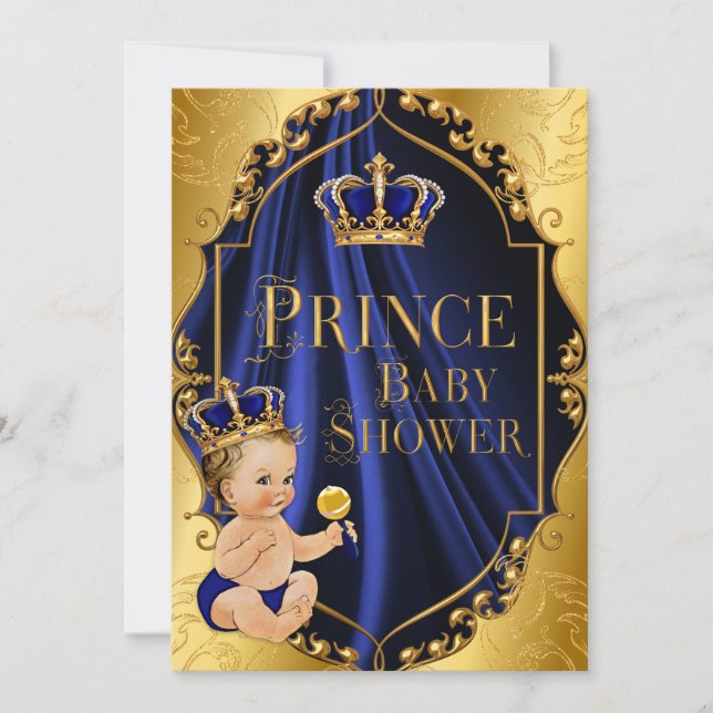 Convites Coroa Pequeno Príncipe Azul Real e Dourado (Frente)