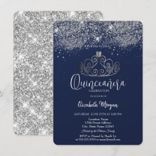Convites Coroa Prateada Brilho Confete Azul Quinceañera