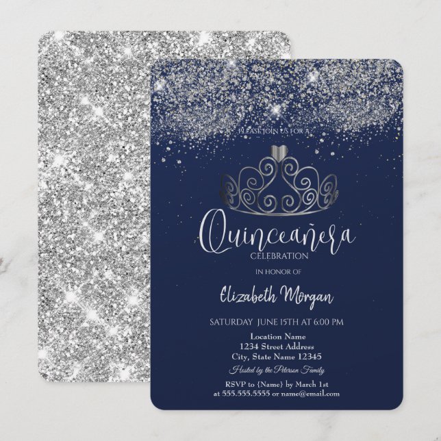 Convites Coroa Prateada Brilho Confete Azul Quinceañera (Frente/Verso)
