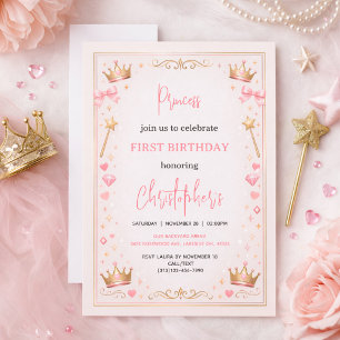 Convites Coroa Princesa Dourado Rosa Conto de Fadas 1º Aniv