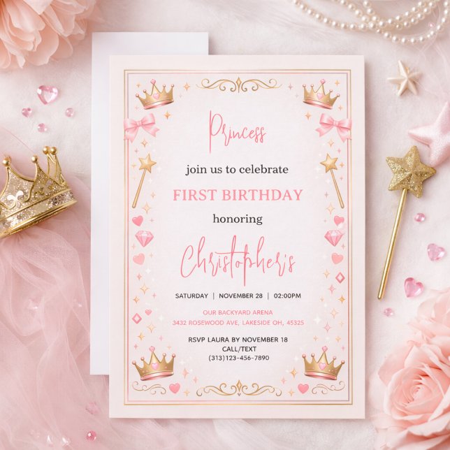 Convites Coroa Princesa Dourado Rosa Conto de Fadas 1º Aniv (Pink Gold Princess Crown Fairytale 1st Birthday Invitation
)