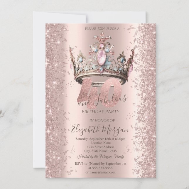 Convites Coroa Princesa Rosa Dourado Brilho Diamantes 40º (Frente)