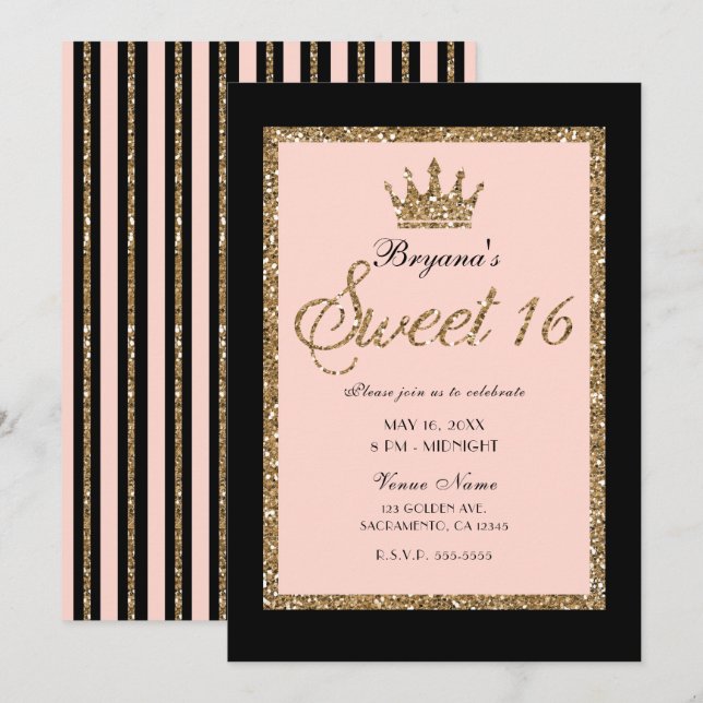 Convites Coroa Princesa Sweet 16 Dourado Rosa com Glitter e (Frente/Verso)