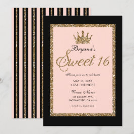 Convites Coroa Princesa Sweet 16 Dourado Rosa com Glitter e