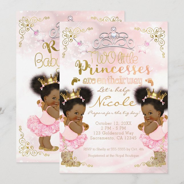 Convites Coroa Princesa Tutu Étnica Gêmeas Chuveiro de Bebê (Frente/Verso)
