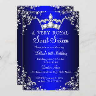Convites Coroa Real Azul Doce 16 Pérolas Prateadas