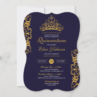 Convites Coroa Real Azul e Dourada Tiara Quinceañera Elegan