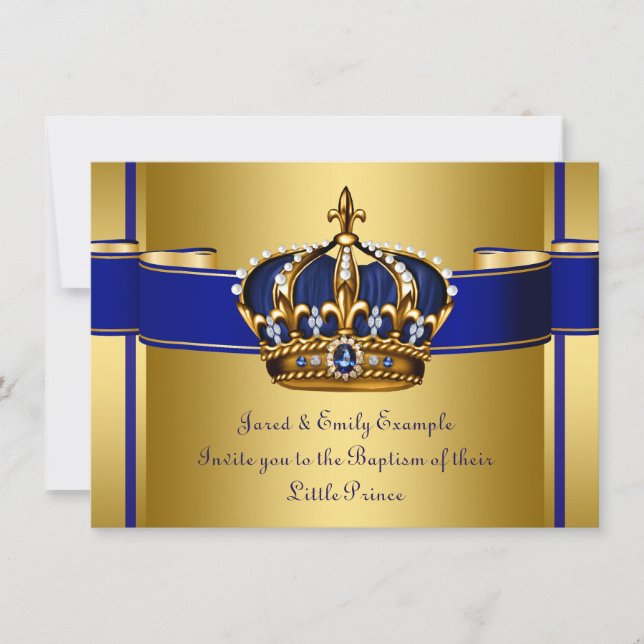 Convites Coroa Real Azul e Ouro Príncipe Batismo (Frente)