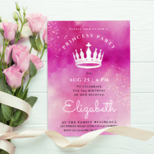 Convites Coroa Real de Princesa Rosa Moderna e Fofa em Aqua