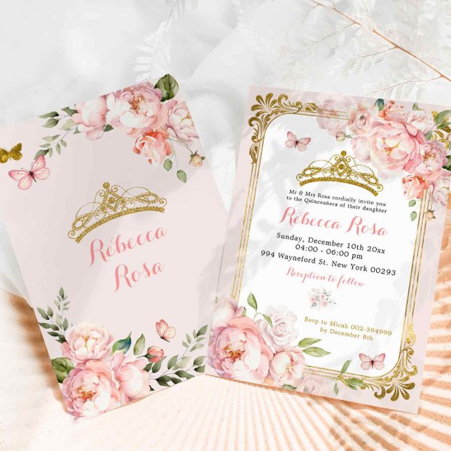 Convites Coroa Real Elegante Blush Dourado Quinceañera Rosa (Criador carregado)